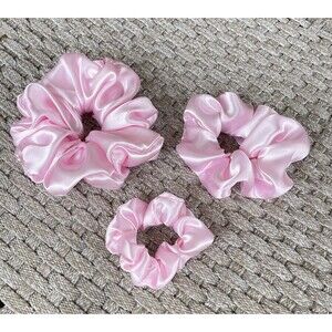 3 New Pink Satin Scrunchies Hair Tie XLarge, Large, Small Set
